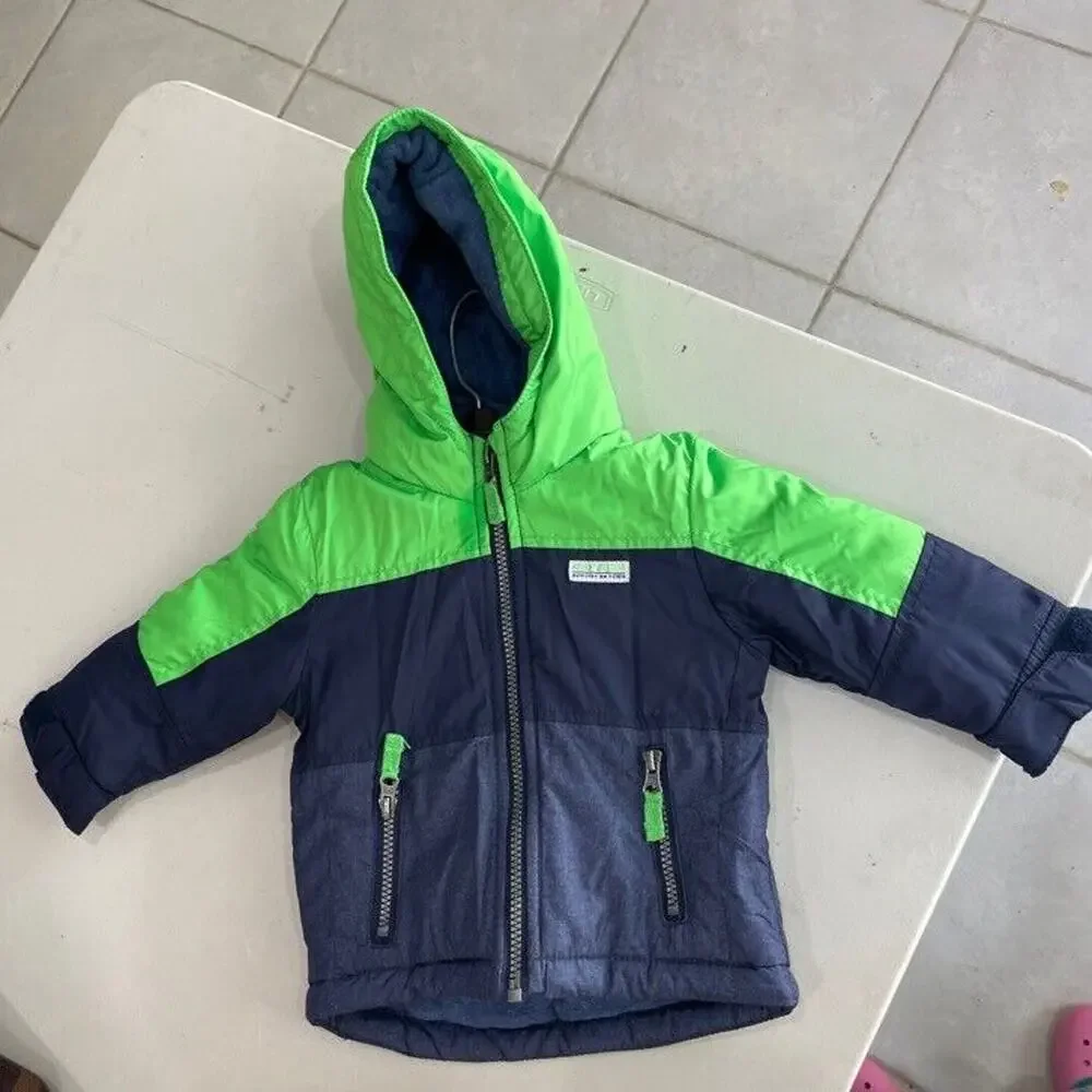 CARTERS HOODED PUFFER JACKET SZ 12 MONTHS BABY KAWAII COLORBLOCK COAT GREEN/BLUE